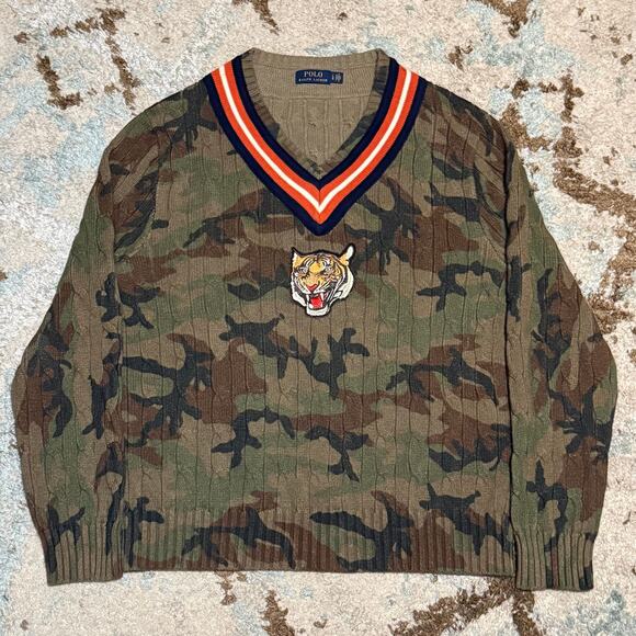Polo Ralph Lauren Camo Cable Knit Sweater Size Large Tiger Patch V Neck - Picture 1 of 8